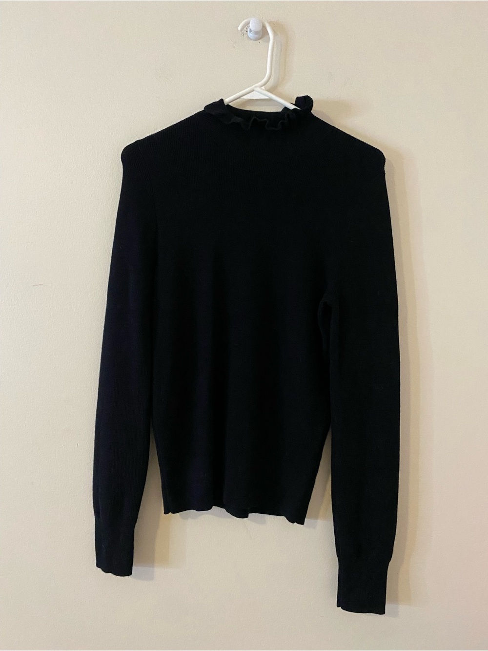 J. Crew Merino Wool blend Black Ruffle Trim mocked neck Knit Top